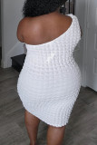 Blue Sexy Solid Color Backless Patchwork Oblique Collar Wrapped Skirt Plus Size Dresses