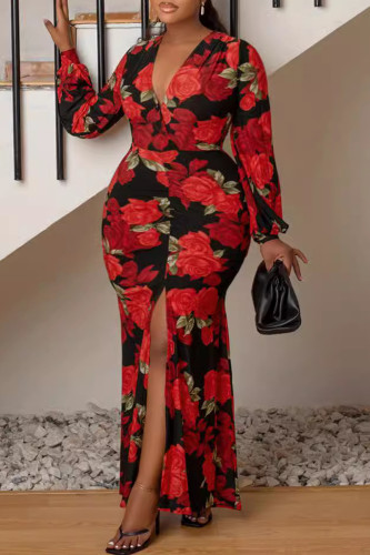 Red Celebrities Print Patchwork High Slit Zipper Deep V Neck Wrapped Skirt Plus Size Dresses