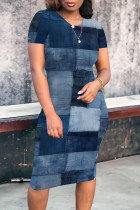 Navy Casual Street Faux Denim Print Contrast O Neck Printed Short Sleeve Dress