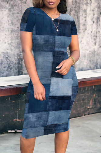 Navy Casual Street Faux Denim Print Contrast O Neck Printed Short Sleeve Dress