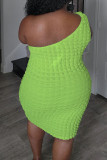 Blue Sexy Solid Color Backless Patchwork Oblique Collar Wrapped Skirt Plus Size Dresses