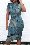Colorful Blue Casual Street Faux Denim Print Contrast O Neck Printed Short Sleeve Dress