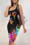 Black Casual Graffiti Print Contrast U Neck Printed Dresses