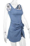 Blue Sexy Ruched Flowers Decor U Neck Sleeveless Front Slit Ruched Cinch Waist Bodycon Cami Denim Dresses