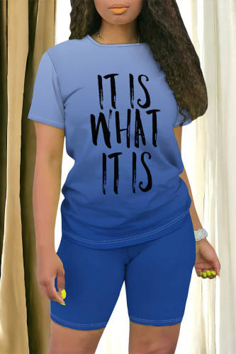 Blue Casual Daily Gradient Print Letter Print O Neck Short Sleeve Two Pieces
