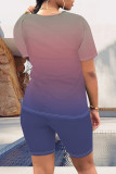 Blue Casual Daily Gradient Print Letter Print O Neck Short Sleeve Two Pieces