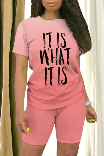 Pink Casual Daily Gradient Print Letter Print O Neck Short Sleeve Two Pieces