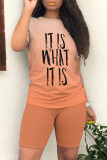 Blue Casual Daily Gradient Print Letter Print O Neck Short Sleeve Two Pieces