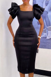 Yellow Celebrities Solid Color Patchwork Slit Zipper Square Neck Wrapped Skirt Dresses