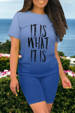 Blue Casual Daily Gradient Print Letter Print O Neck Short Sleeve Two Pieces