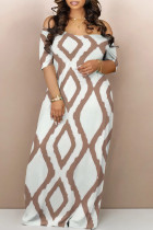 Cream White Casual Street Geometric Print Flowers Off Shoulder Printed Dresses