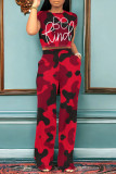 Orange Casual Street Camouflage Print Letter Print Pocket O Neck Short Sleeve Two Pieces