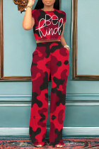 Red Casual Street Camouflage Print Letter Print Pocket O Neck Short Sleeve Two Pieces