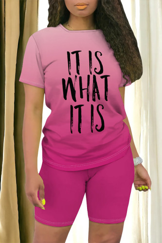 Purple Casual Daily Gradient Print Letter Print O Neck Short Sleeve Two Pieces