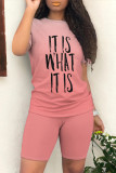 Blue Casual Daily Gradient Print Letter Print O Neck Short Sleeve Two Pieces