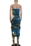 Turquoise Celebrities Print Patchwork Backless Slit Flounce Strapless Irregular Dresses