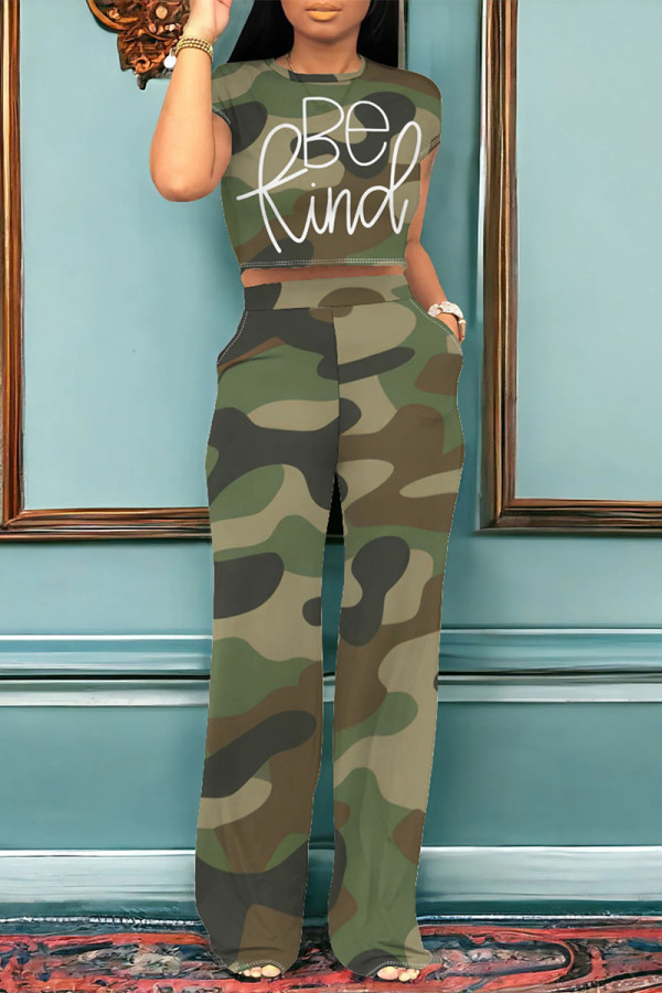 Army Green Casual Street Camouflage Print Letter Print Pocket O Neck Short Sleeve Two Pieces