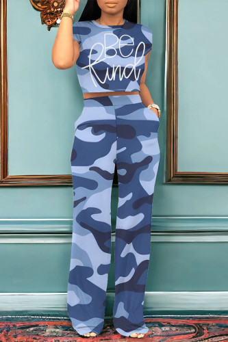 Blue Casual Street Camouflage Print Letter Print Pocket O Neck Short Sleeve Two Pieces