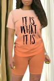 Blue Casual Daily Gradient Print Letter Print O Neck Short Sleeve Two Pieces