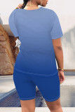 Blue Casual Daily Gradient Print Letter Print O Neck Short Sleeve Two Pieces