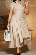 Apricot Celebrities Solid Color Patchwork Ruched O Neck A Line Dresses