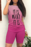 Blue Casual Daily Gradient Print Letter Print O Neck Short Sleeve Two Pieces
