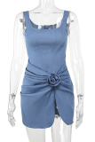 Blue Sexy Ruched Flowers Decor U Neck Sleeveless Front Slit Ruched Cinch Waist Bodycon Cami Denim Dresses