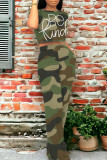 Orange Casual Street Camouflage Print Letter Print Pocket O Neck Short Sleeve Two Pieces