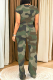 Orange Casual Street Camouflage Print Letter Print Pocket O Neck Short Sleeve Two Pieces