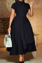 Black Celebrities Solid Color Patchwork Ruched O Neck A Line Dresses