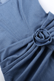 Blue Sexy Ruched Flowers Decor U Neck Sleeveless Front Slit Ruched Cinch Waist Bodycon Cami Denim Dresses