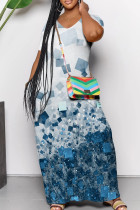Blue White Casual Print Pocket Patchwork V Neck Long Dresses