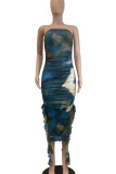 Turquoise Celebrities Print Patchwork Backless Slit Flounce Strapless Irregular Dresses
