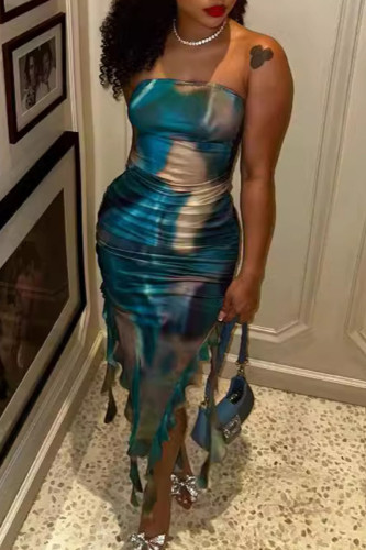 Turquoise Celebrities Print Patchwork Backless Slit Flounce Strapless Irregular Dresses