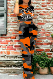 Orange Casual Street Camouflage Print Letter Print Pocket O Neck Short Sleeve Two Pieces