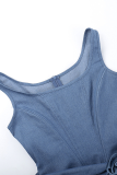 Blue Sexy Ruched Flowers Decor U Neck Sleeveless Front Slit Ruched Cinch Waist Bodycon Cami Denim Dresses