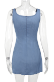 Blue Sexy Ruched Flowers Decor U Neck Sleeveless Front Slit Ruched Cinch Waist Bodycon Cami Denim Dresses