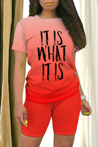 Red Casual Daily Gradient Print Letter Print O Neck Short Sleeve Two Pieces