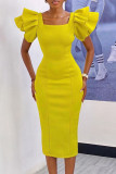 Yellow Celebrities Solid Color Patchwork Slit Zipper Square Neck Wrapped Skirt Dresses