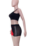 Red Sexy Patchwork See-Through Backless Contrast U Neck Sleeveless Three Pieces