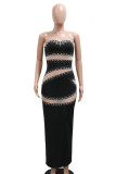 Black Sexy Patchwork See-Through Backless Slit Hot Drill Strapless Long Dresses