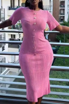 Pink Casual Solid Color Buttons Patchwork O Neck Wrapped Skirt Dresses