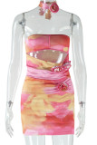 Pink Sexy Print Hollow Out Backless Strapless Wrapped Skirt Dresses