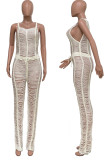 Brown Sexy Solid Color Hollow Out Patchwork See-Through O Neck Regular Jumpsuits