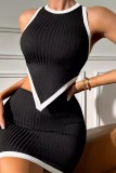 Black Casual Patchwork Irregular Contrast O Neck Sleeveless Two Pieces