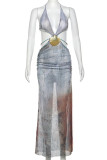 Light Blue Celebrities Print Hollow Out Patchwork Backless Slit Halter Long Dresses