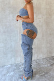 Blue Sexy Casual Solid Color Hollow Out Backless Zipper Strapless Sleeveless Two Pieces