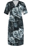 Pink Casual Print Basic V Neck Long Plus Size Dresses