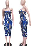 White Sexy Print Patchwork Backless Spaghetti Strap Long Dresses