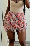 Pink Street Fringed Trim Patchwork Regular Mid Waist Patchwork Bottoms